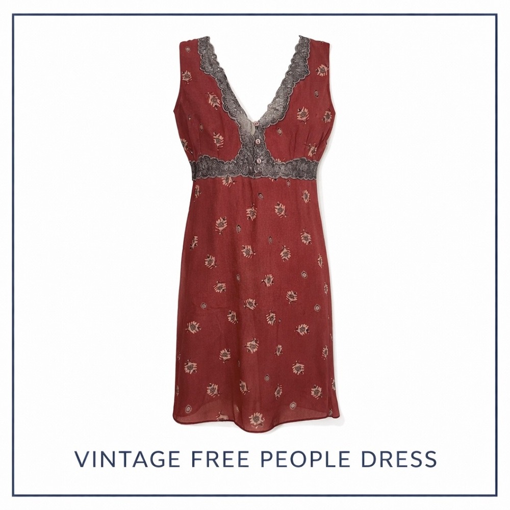 Vintage Free People Babydoll Floral Lace Trim Empire Waist Midi Dress Medium Y2K
